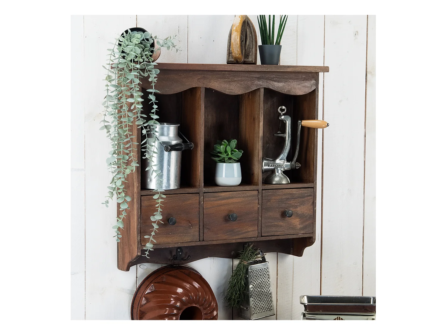 ÉTAGÈRE MURALE Belle Bois de mahogany, avec 3 tiroirs et crochets marron foncé