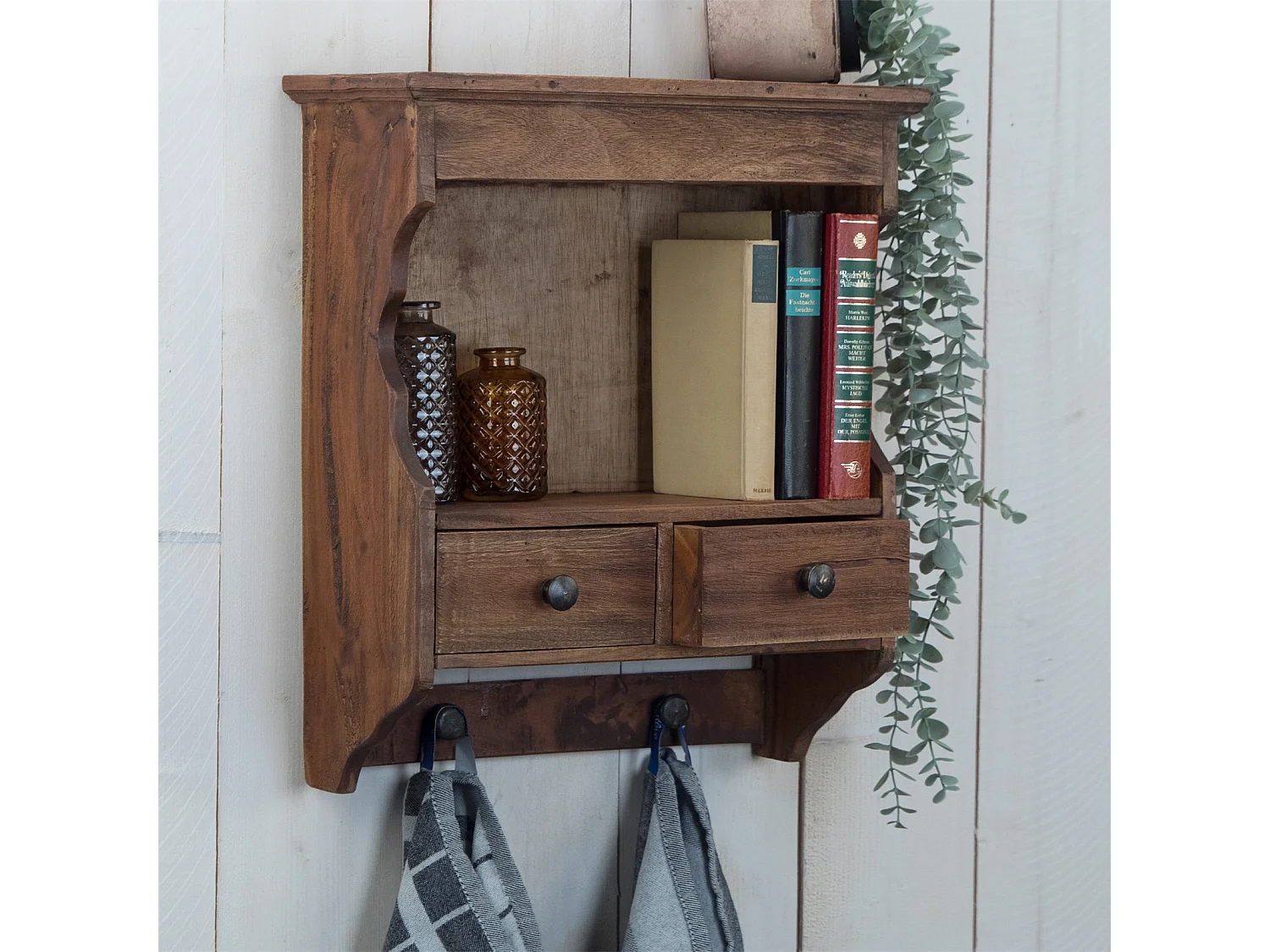 ÉTAGÈRE MURALE Ferme Bois de mahogany, 2 tiroirs et crochets marron