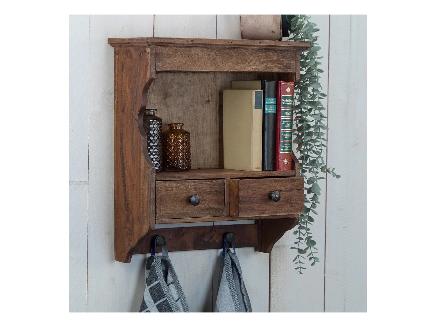 ÉTAGÈRE MURALE Ferme Bois de mahogany, 2 tiroirs et crochets marron