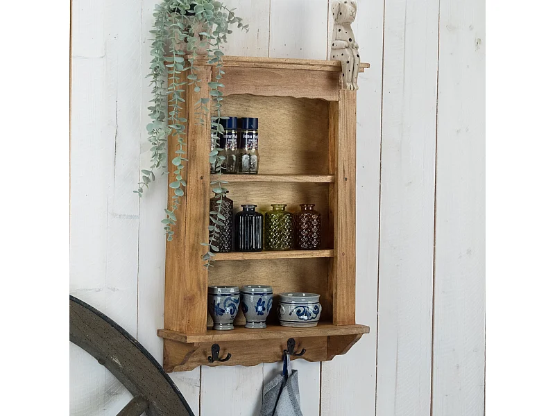 ÉTAGÈRE MURALE Pays Bois massif de mahogany, 3 niveaux, 4 crochets couleurs naturelles