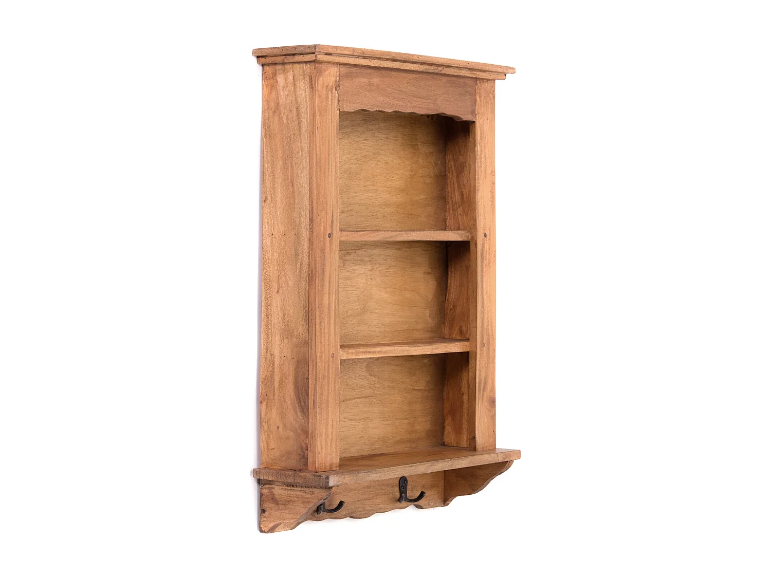 ÉTAGÈRE MURALE Pays Bois massif de mahogany, 3 niveaux, 4 crochets couleurs naturelles