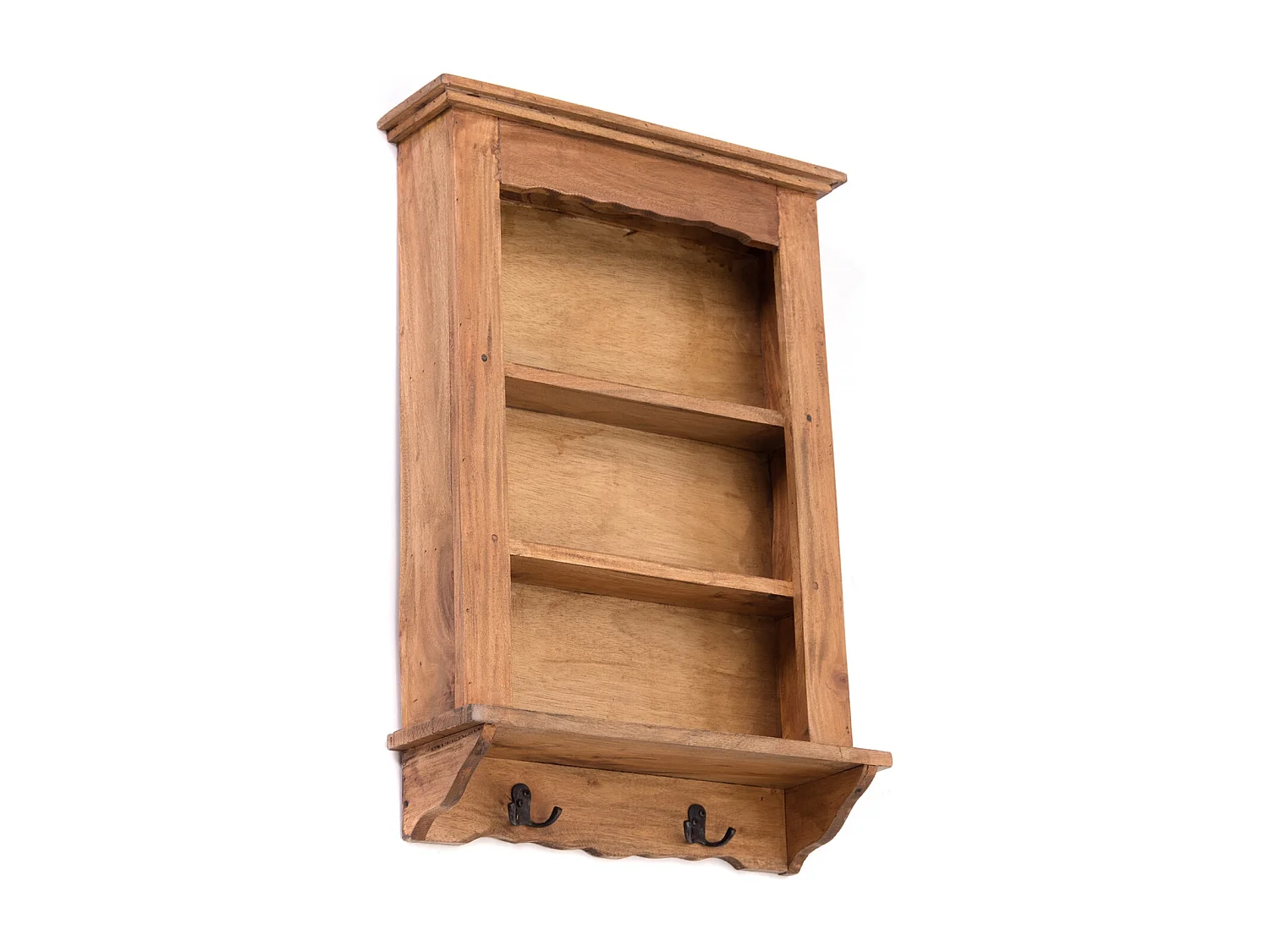 ÉTAGÈRE MURALE Pays Bois massif de mahogany, 3 niveaux, 4 crochets couleurs naturelles