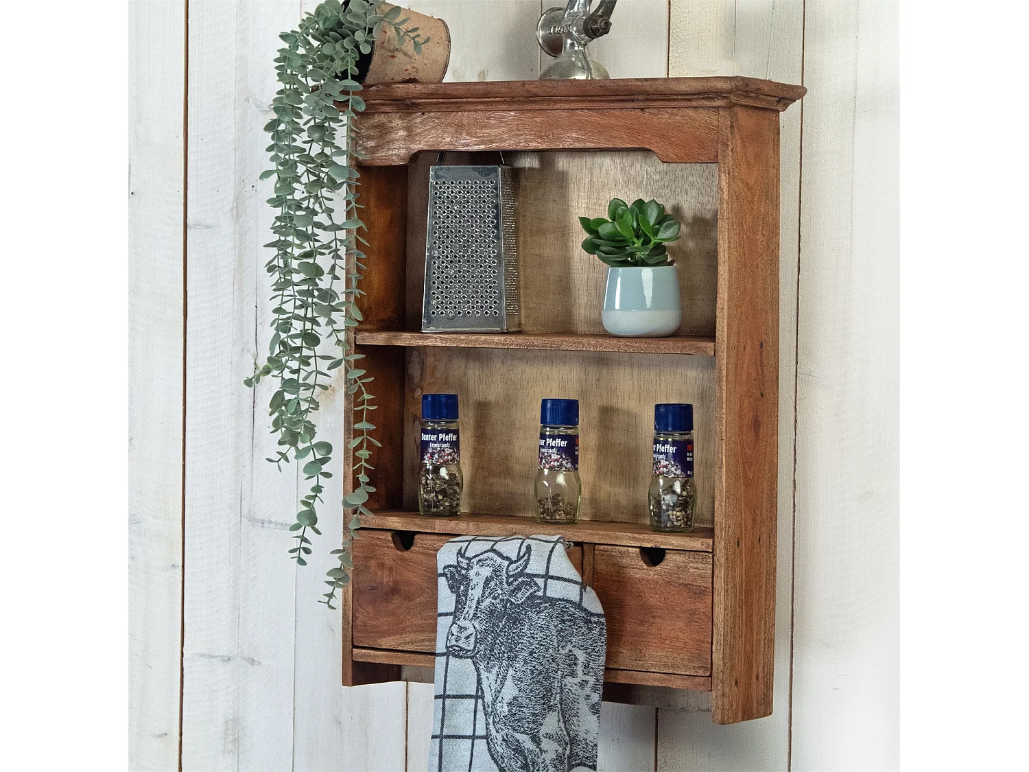 ÉTAGÈRE MURALE Adélia Bois massif de mahogany, 2 niveaux, 3 tiroirs couleurs naturelles