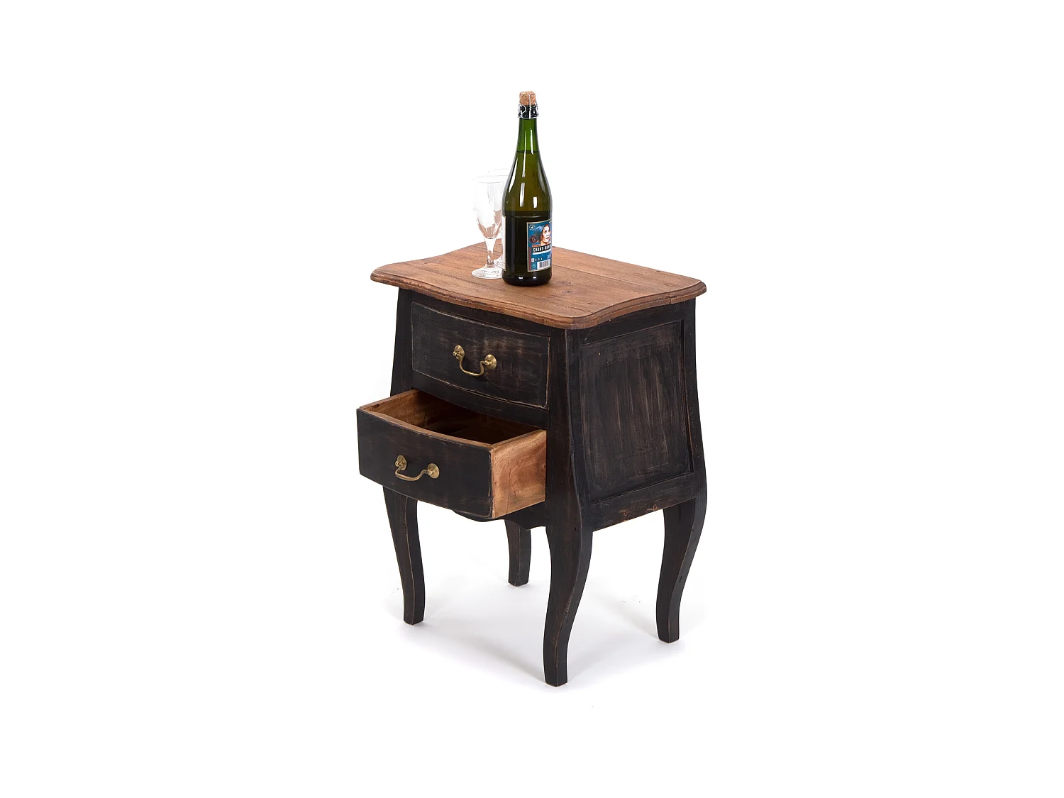 TABLE DE CHEVET LOUIS Bois massif d'acajou, avec 2 tiroirs 04 schwarz-natur