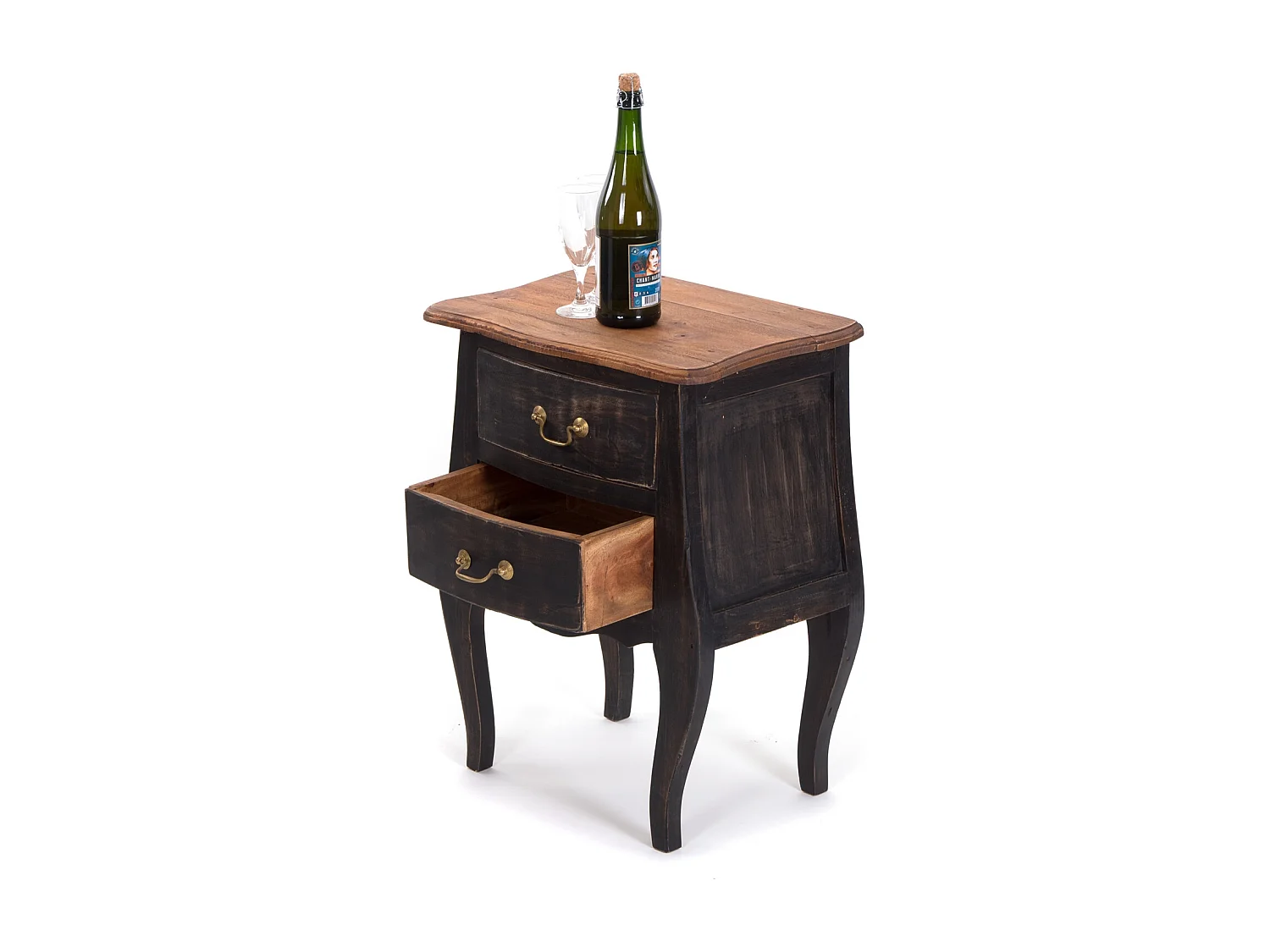 TABLE DE CHEVET LOUIS Bois massif d'acajou, avec 2 tiroirs 04 schwarz-natur