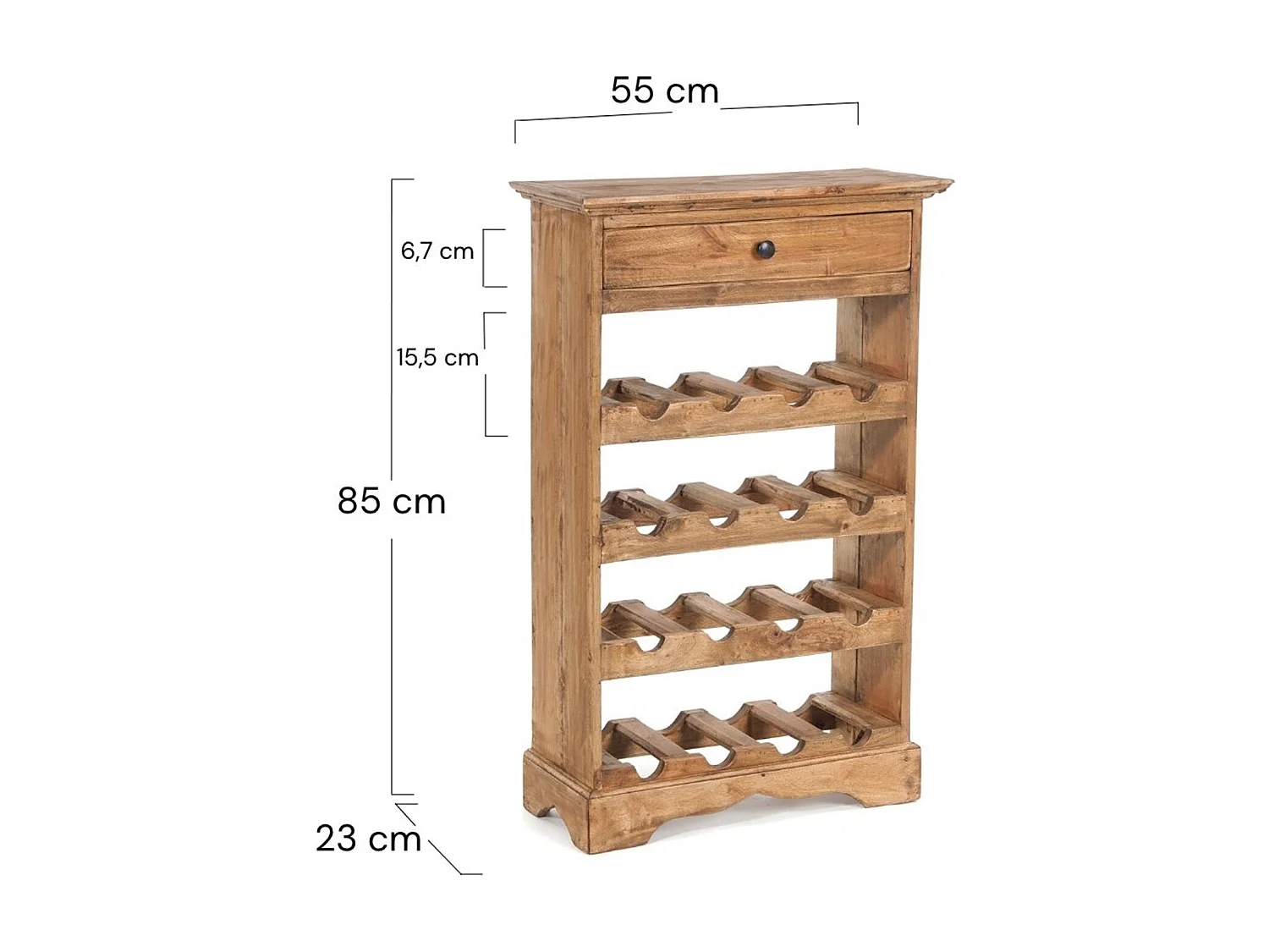 ÉTAGÈRE À BOUTEILLES CORTEZ 85 Bois de recyclage massif, pour 16 bouteilles, avec tiroir 01 natur-vintage