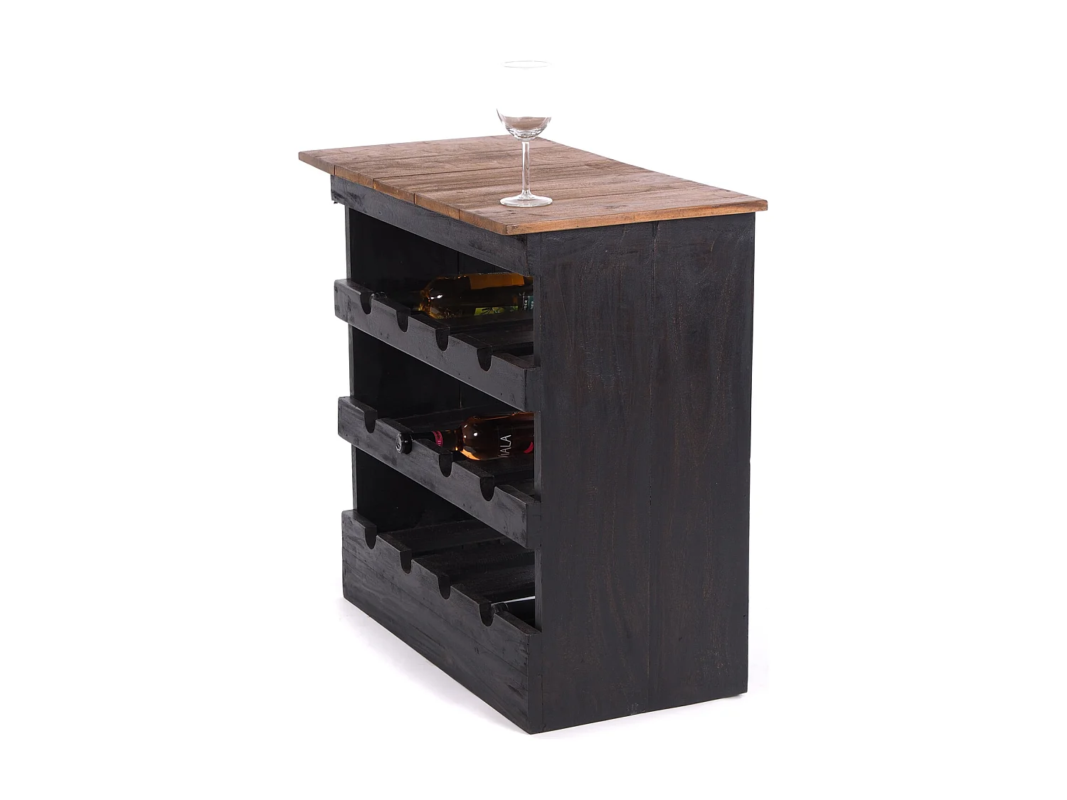 FLASCHENREGAL RUSTIQUE Recyclingholz massiv, für 12 Flaschen, mit Ablagefläche 04 schwarz-natur