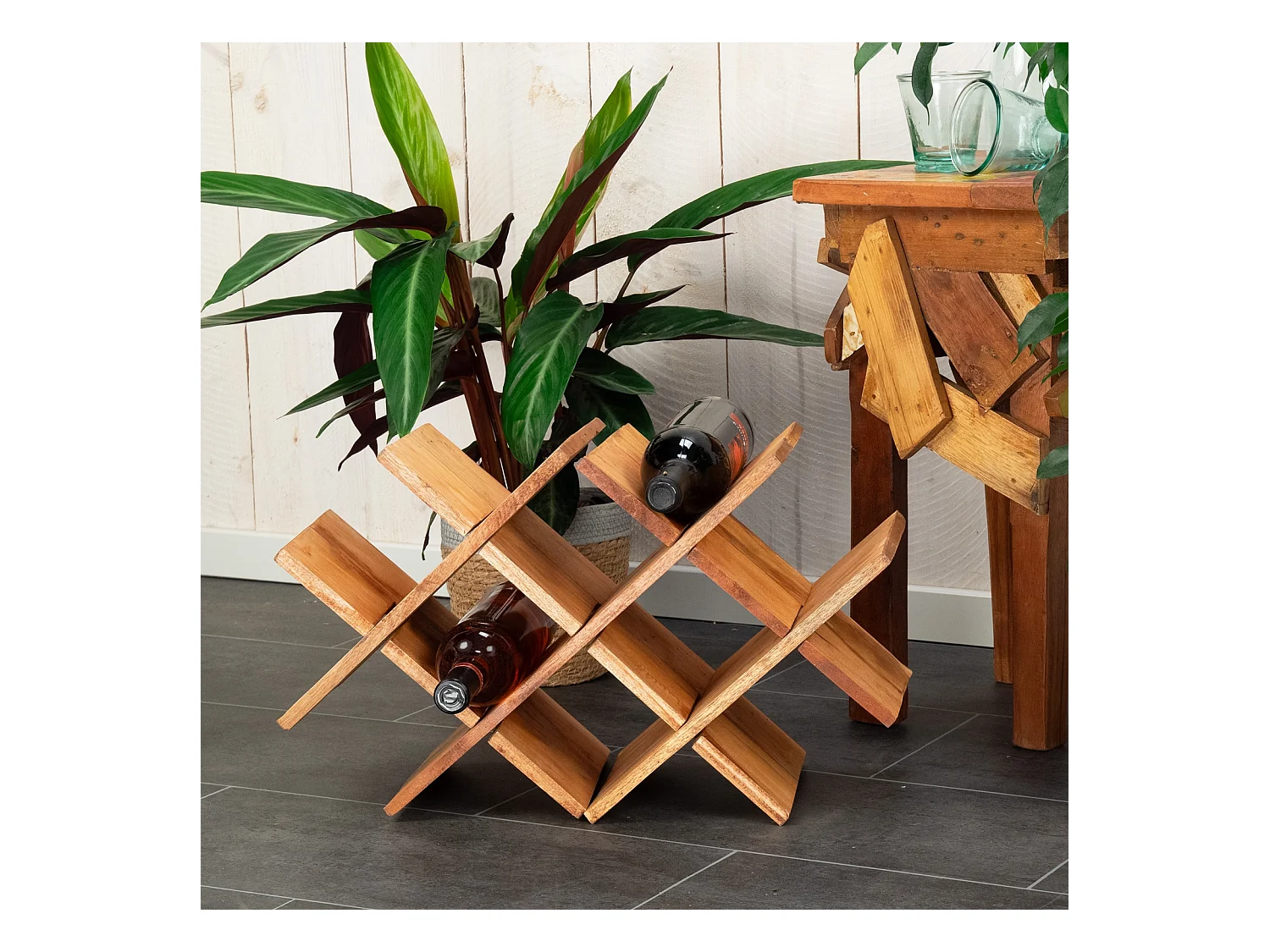 ÉTAGÈRE À BOUTEILLES Coincé 52 cm, bois massif en acajou couleurs naturelles