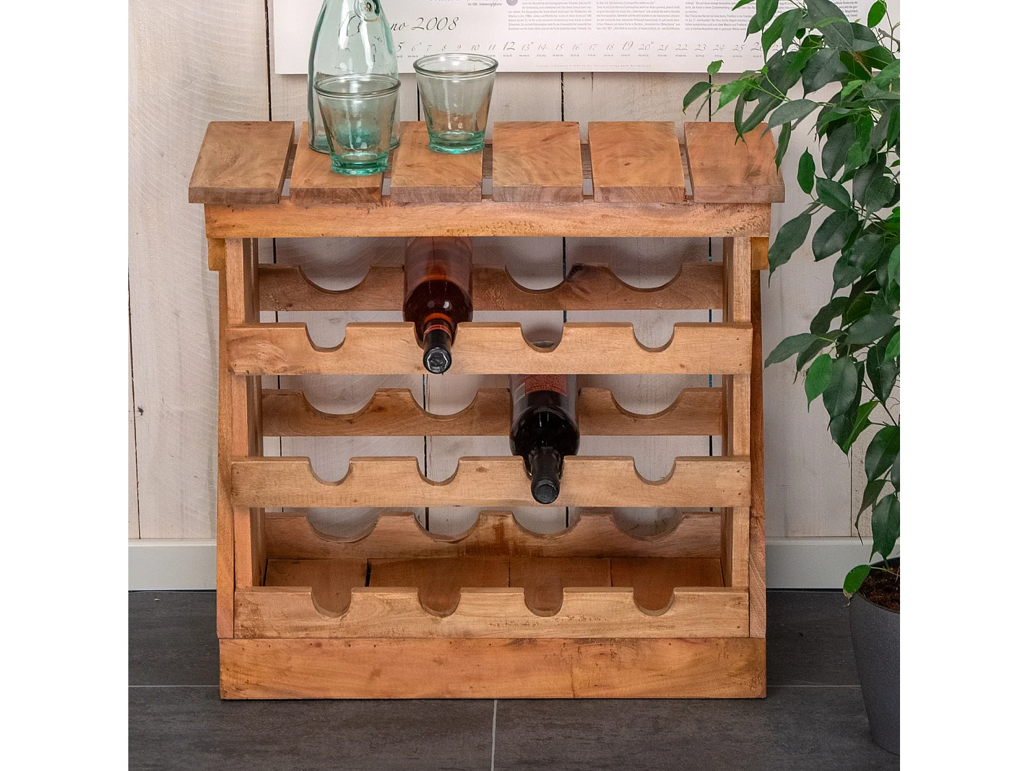 ÉTAGÈRE À BOUTEILLES Séville Bois massif en acajou, pour 12 bouteilles, avec étagère couleurs naturelles