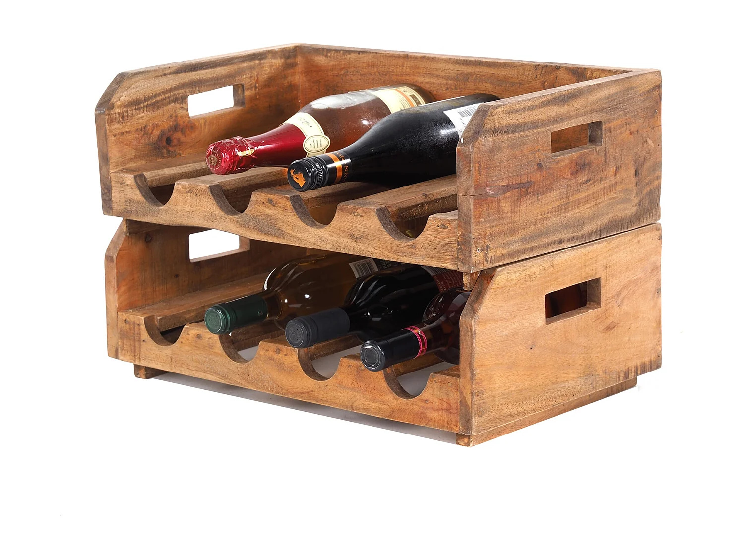 ÉTAGÈRE À BOUTEILLES CONSTRUCTEUR Bois de recyclage, pour 4 bouteilles, empilable couleurs naturelles