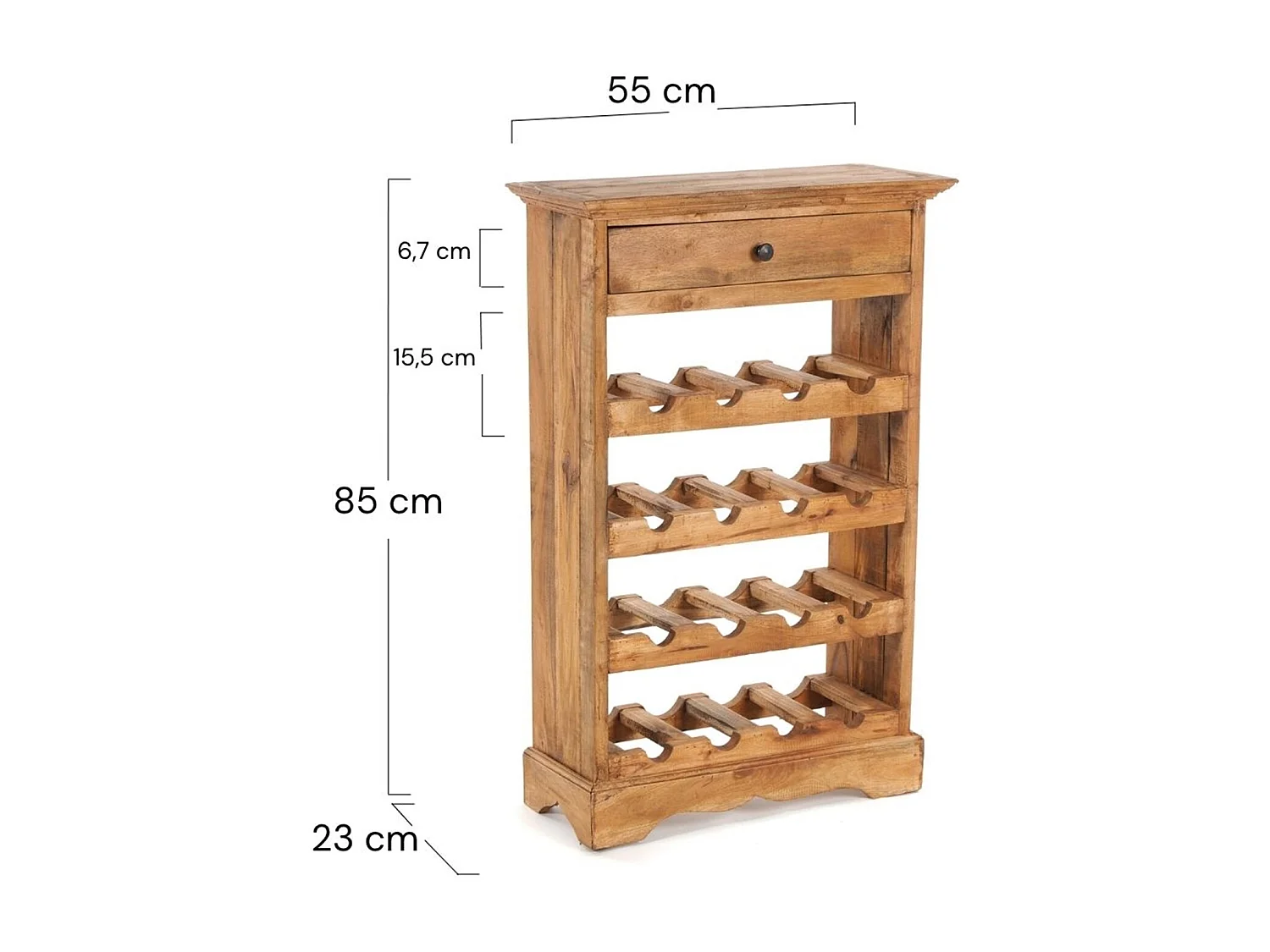 ÉTAGÈRE À BOUTEILLES CORTEZ 85 Bois de recyclage massif, pour 16 bouteilles, avec tiroir 08 honigfarben gewachst