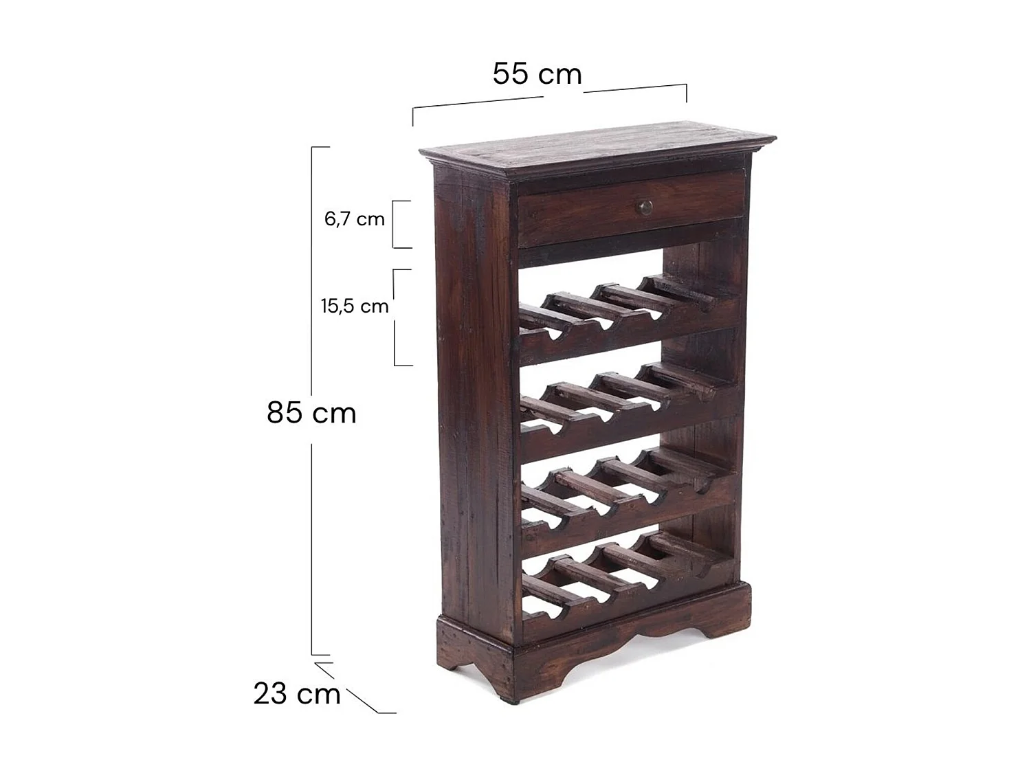 ÉTAGÈRE À BOUTEILLES CORTEZ 85 Bois de recyclage massif, pour 16 bouteilles, avec tiroir 03 dunkelbraun