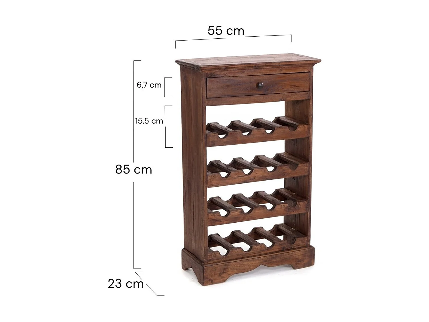 ÉTAGÈRE À BOUTEILLES CORTEZ 85 Bois de recyclage massif, pour 16 bouteilles, avec tiroir 02 hellbraun