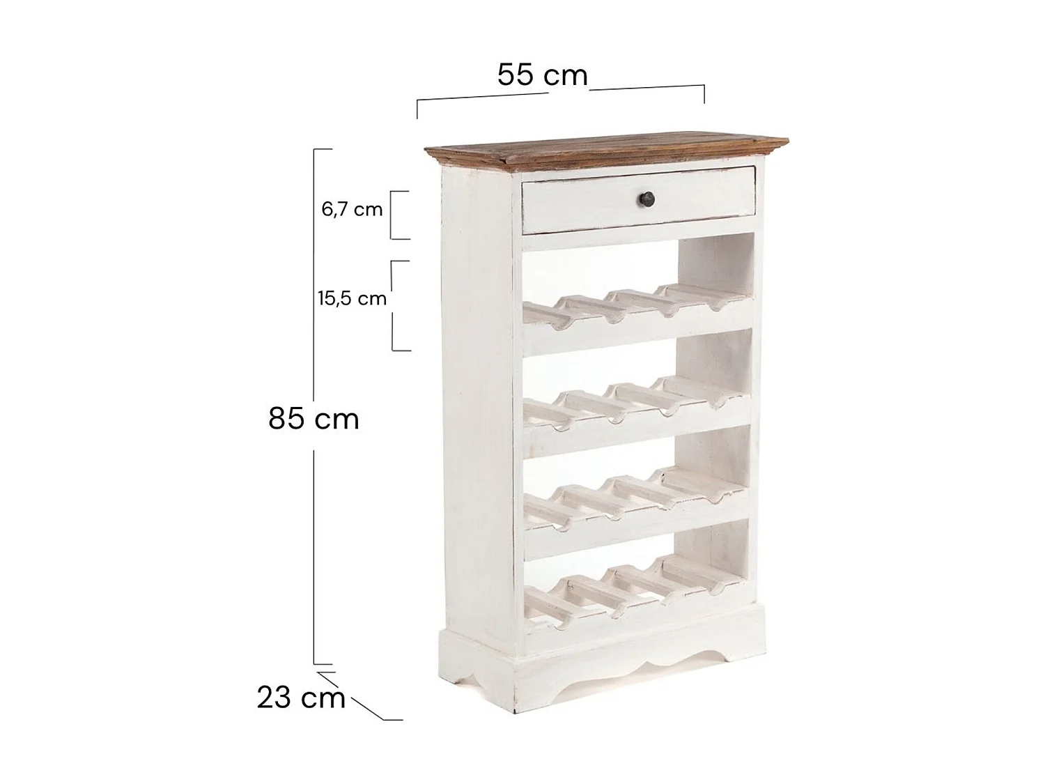ÉTAGÈRE À BOUTEILLES CORTEZ 85 Bois de recyclage massif, pour 16 bouteilles, avec tiroir 06 weiß-landhaus