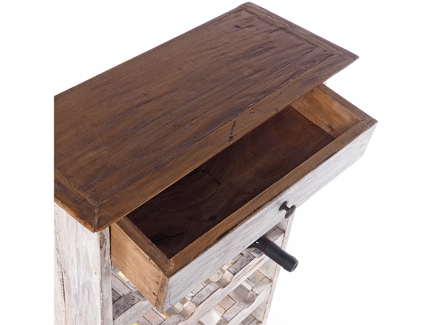 ÉTAGÈRE À BOUTEILLES CORTEZ 85 Bois de recyclage massif, pour 16 bouteilles, avec tiroir 05 weiß-natur