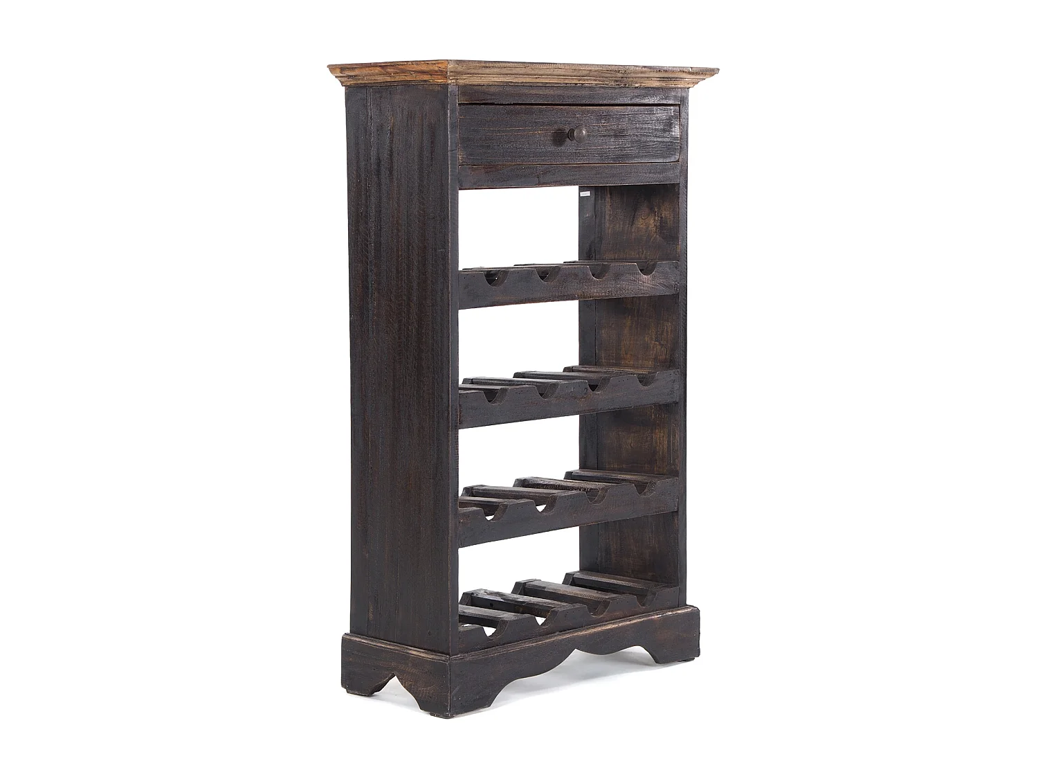 ÉTAGÈRE À BOUTEILLES CORTEZ 85 Bois de recyclage massif, pour 16 bouteilles, avec tiroir 04 schwarz-natur