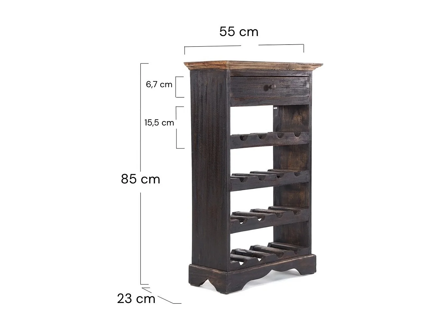 ÉTAGÈRE À BOUTEILLES CORTEZ 85 Bois de recyclage massif, pour 16 bouteilles, avec tiroir 04 schwarz-natur