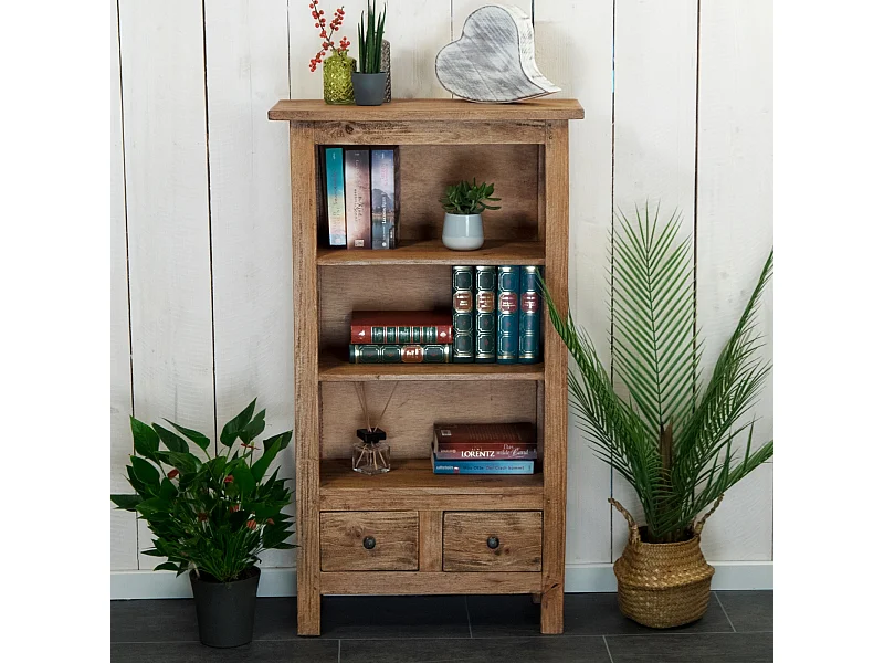 BIBLIOTHÈQUE Livres Bois massif de mahogany, 3 niveaux, 2 tiroirs couleurs naturelles