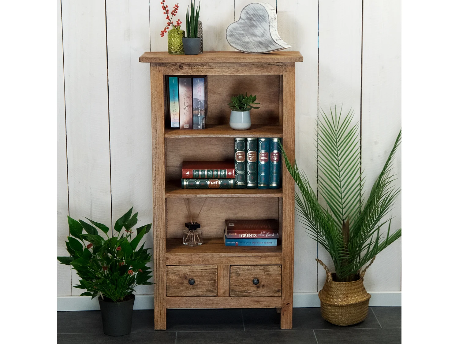 BIBLIOTHÈQUE Livres Bois massif de mahogany, 3 niveaux, 2 tiroirs couleurs naturelles