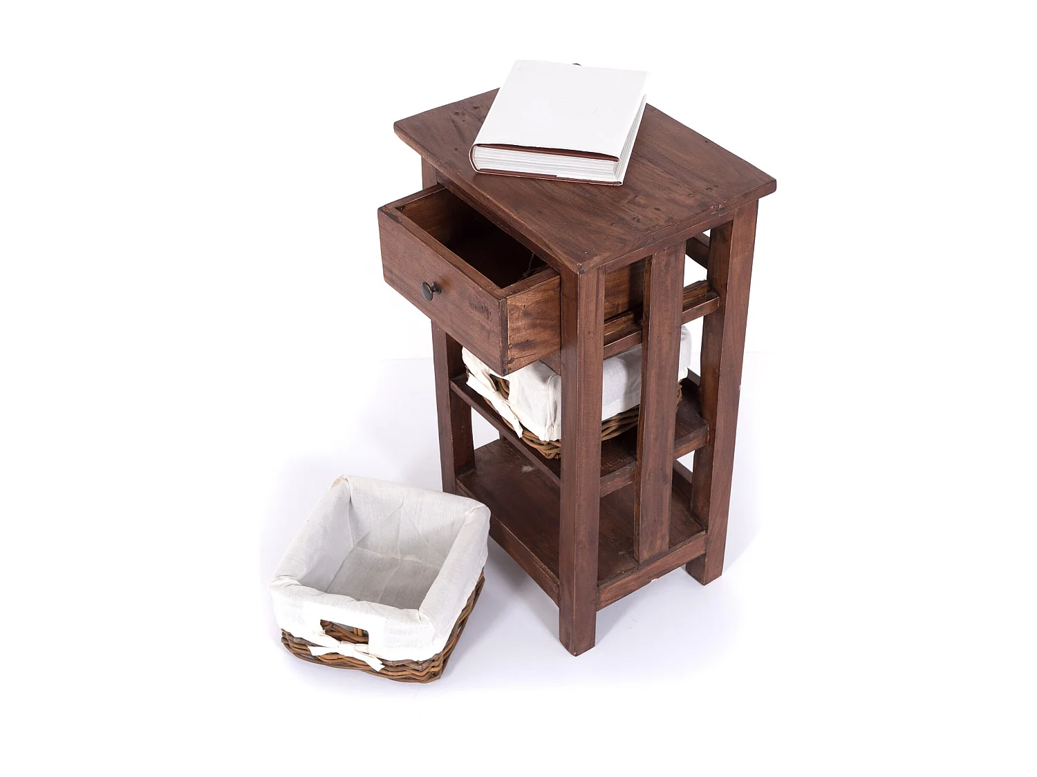 TABLE DE TÉLÉPHONE RATTAN 70 avec 2 paniers en rotin et tiroir, en acajou massif 02 hellbraun