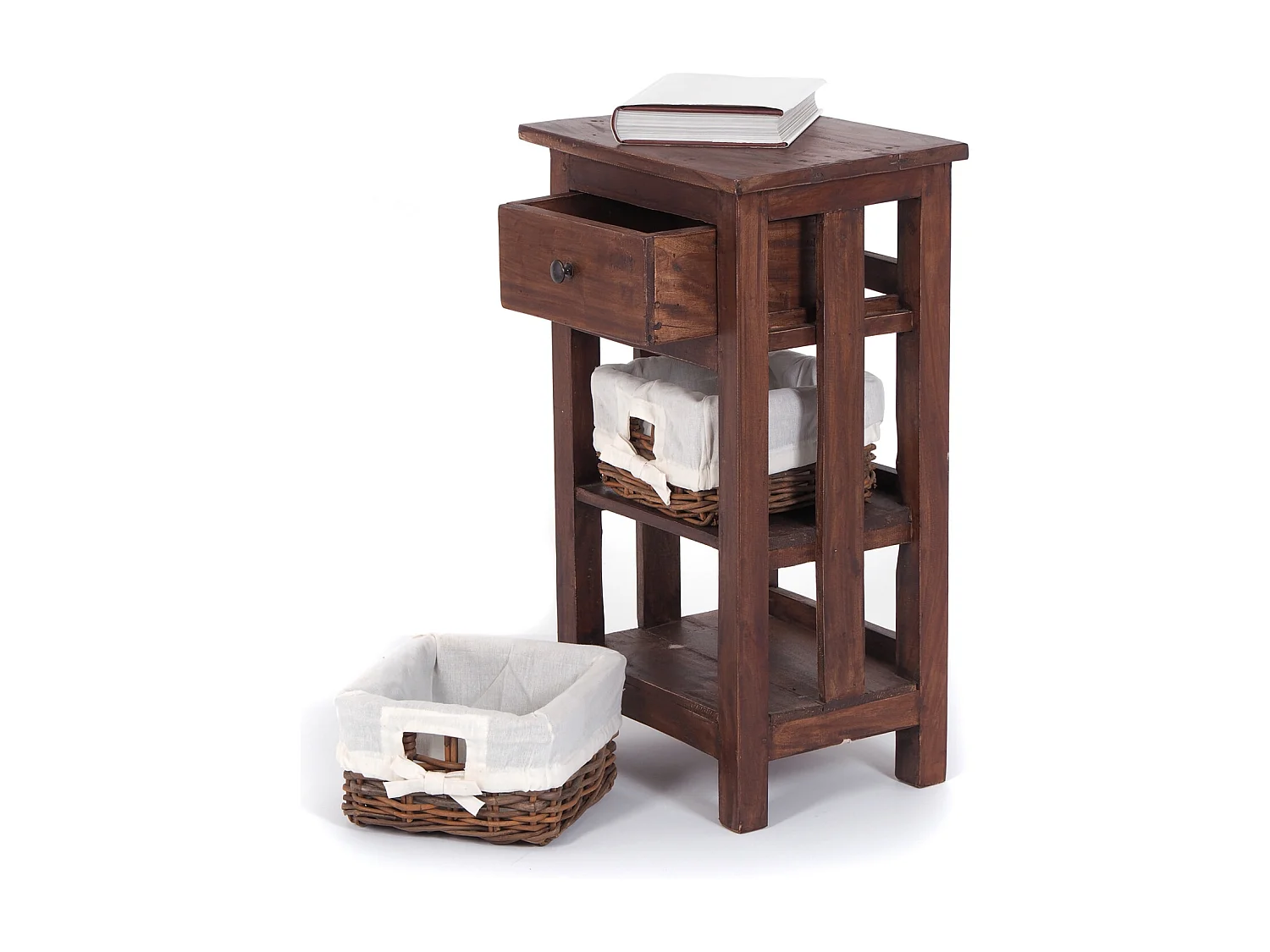 TABLE DE TÉLÉPHONE RATTAN 70 avec 2 paniers en rotin et tiroir, en acajou massif 02 hellbraun