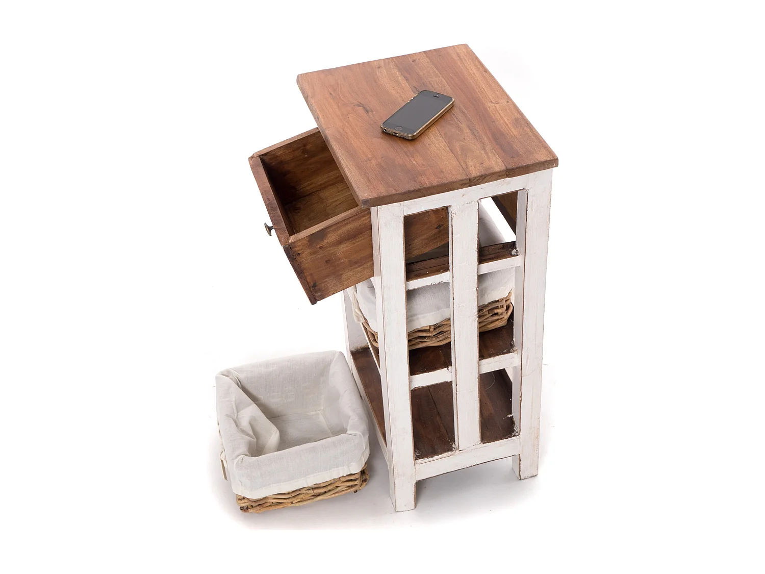 TABLE DE TÉLÉPHONE RATTAN 70 avec 2 paniers en rotin et tiroir, en acajou massif 06 weiß-landhaus