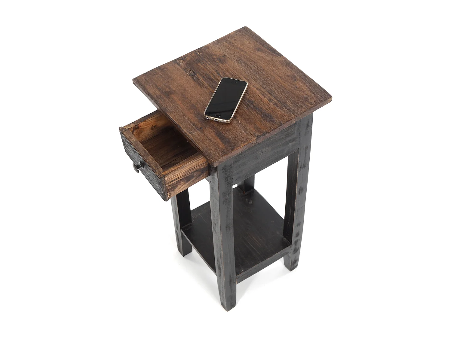 TABLE DE TÉLÉPHONE TIROIR 65 Bois de recyclage en acajou, avec tiroir 04 schwarz-natur