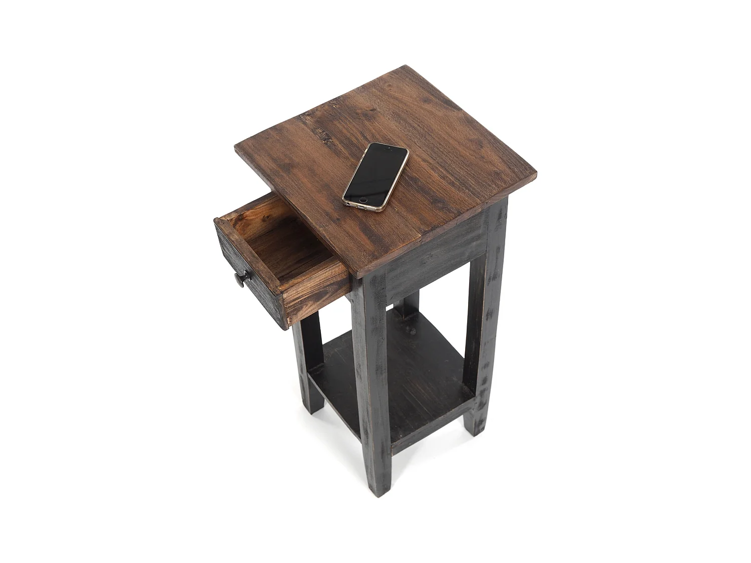 TABLE DE TÉLÉPHONE TIROIR 65 Bois de recyclage en acajou, avec tiroir 04 schwarz-natur