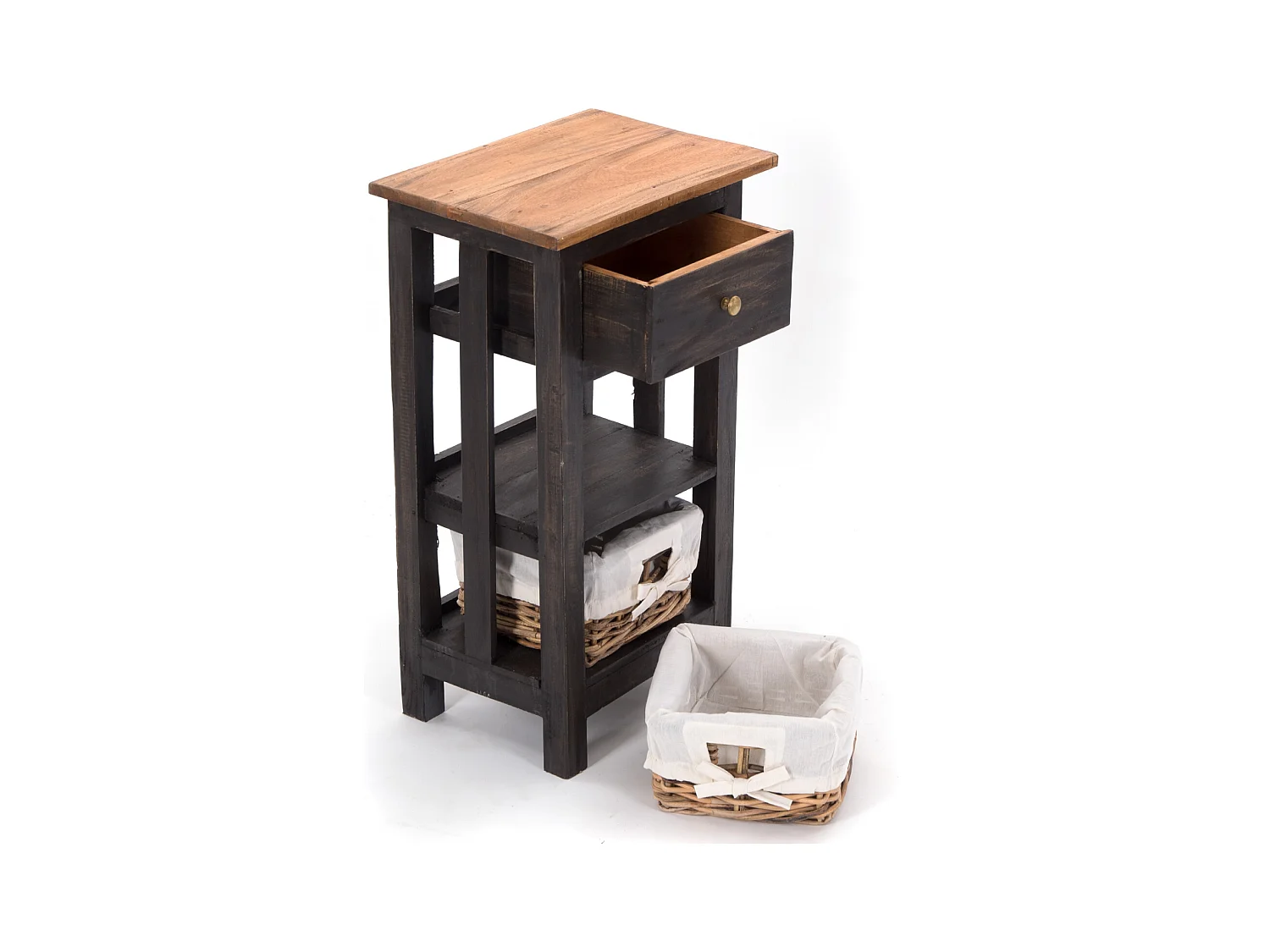 TABLE DE TÉLÉPHONE RATTAN 70 avec 2 paniers en rotin et tiroir, en acajou massif 04 schwarz-natur