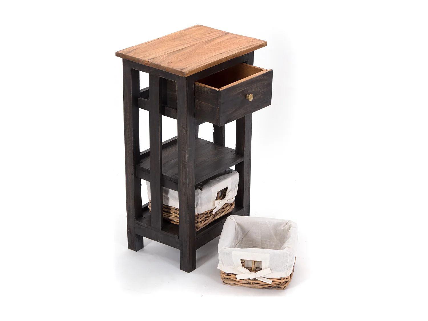 TELEFONTISCH RATTAN 70 mit 2 Rattan-Körben und Schublade, Mahagoni massiv 04 schwarz-natur