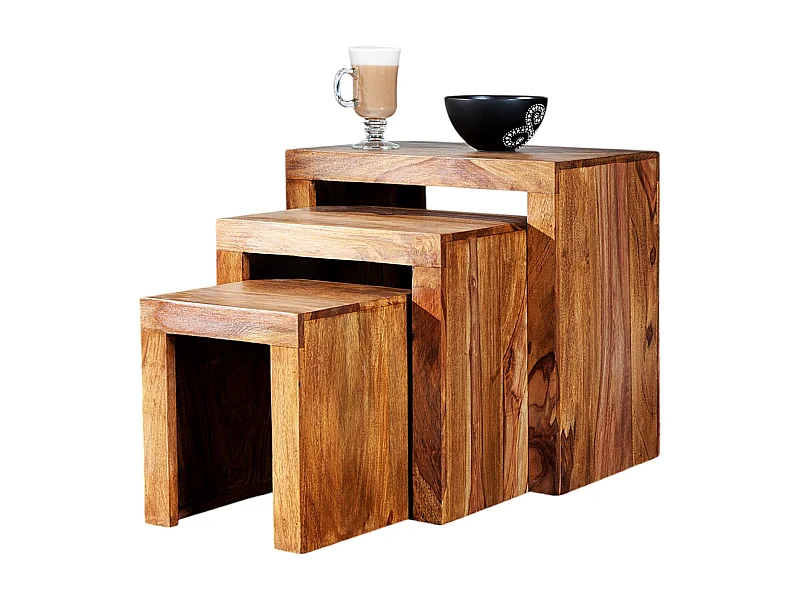 TABLE D'APPOINT ENSEMBLE de 3 SHEESHAM Bois massif marron
