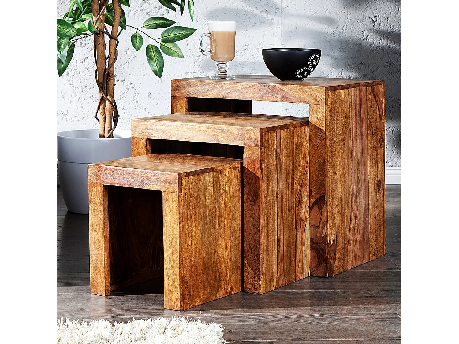 TABLE D'APPOINT ENSEMBLE de 3 SHEESHAM Bois massif marron