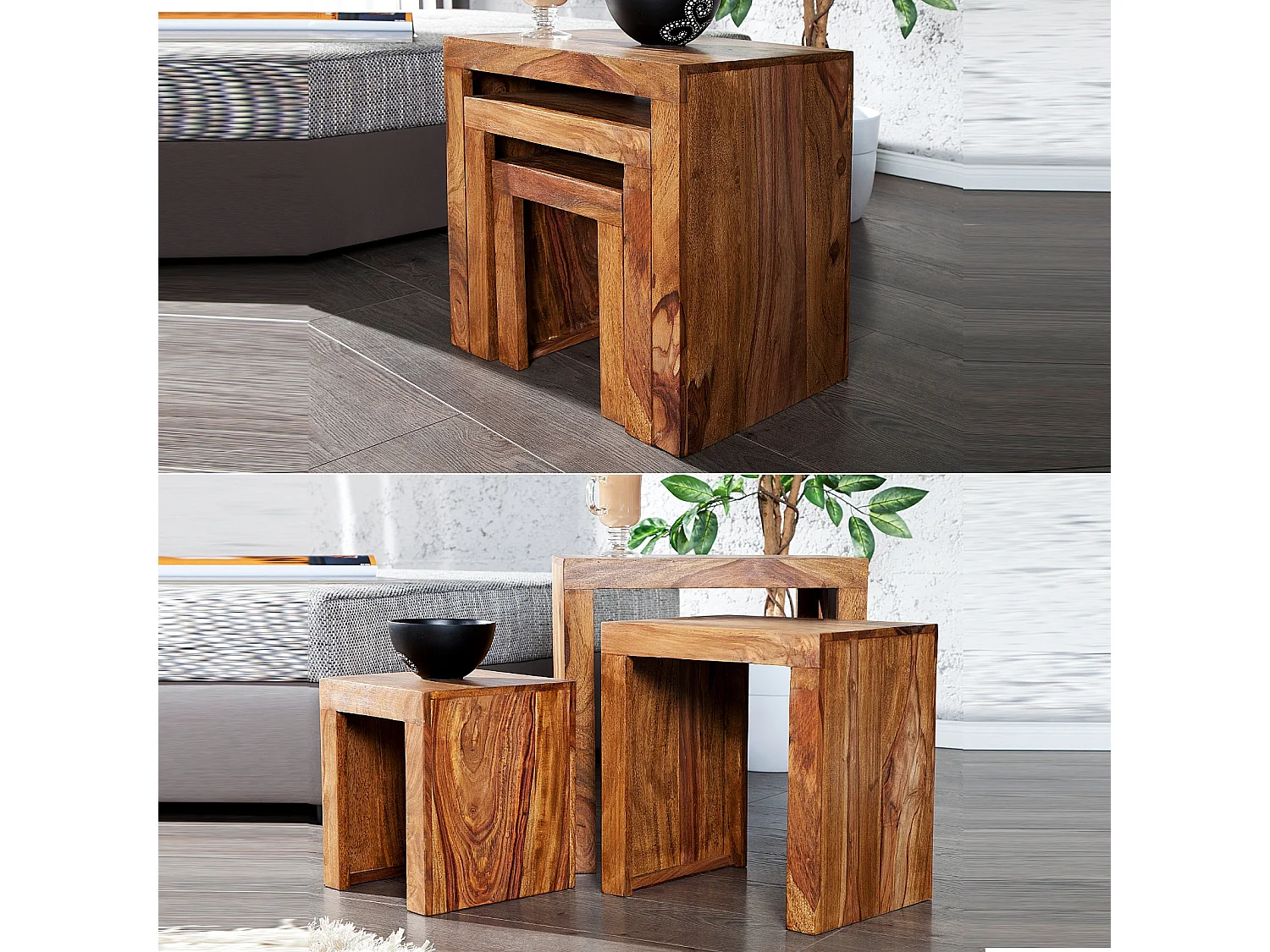 TABLE D'APPOINT ENSEMBLE de 3 SHEESHAM Bois massif marron