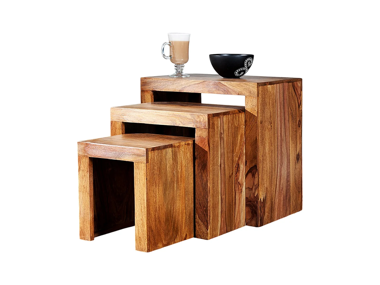 BEISTELLTISCH SHEESHAM 3er Set Massivholz braun