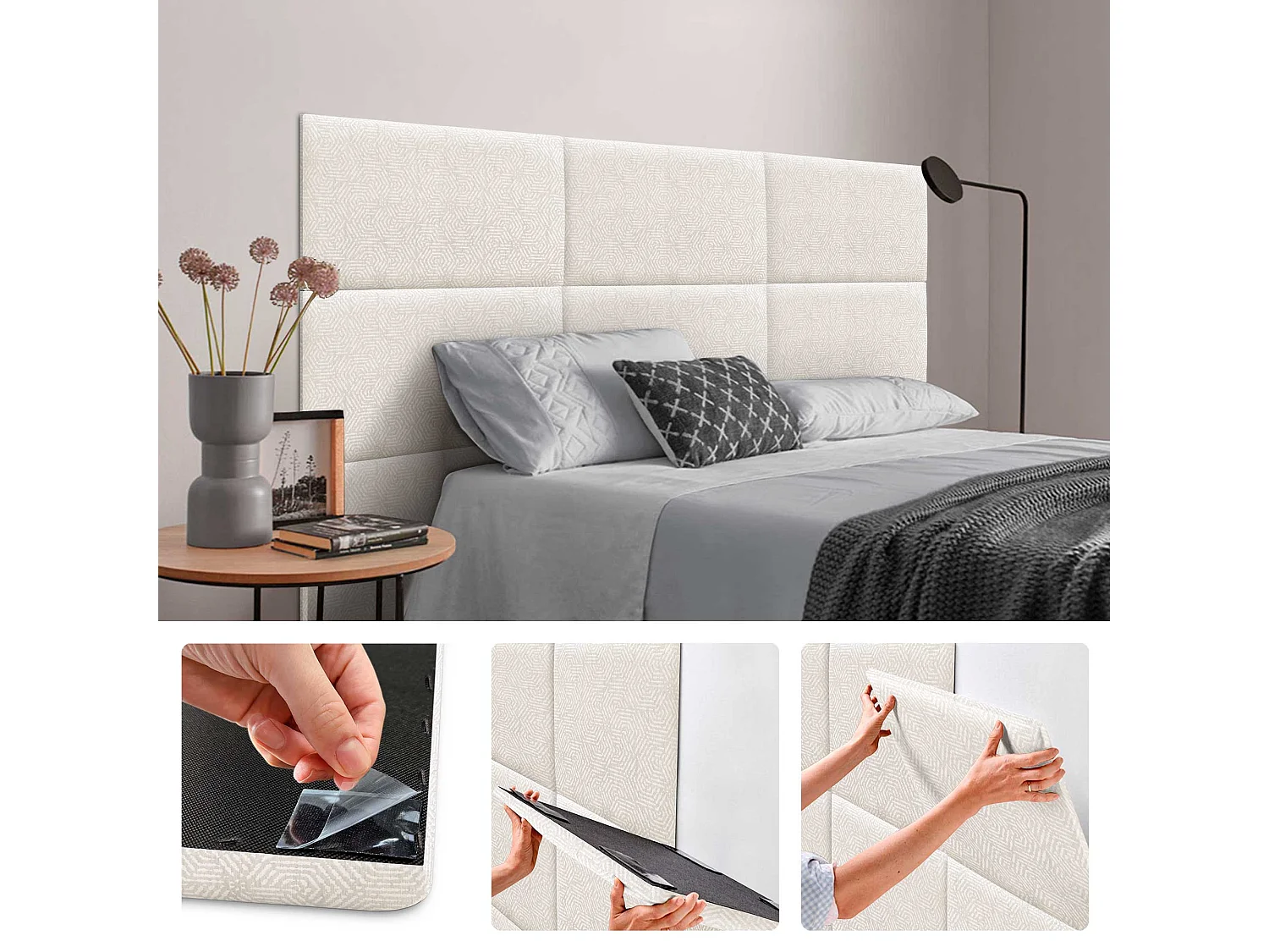 DHOME Ensemble de 8 Panneaux Tapissés en Tissu de Luxe Pack Autoadhésif pour Mur Acoustique Absorbant et Protecteur (Ethnic White, 60x60cm, x8)