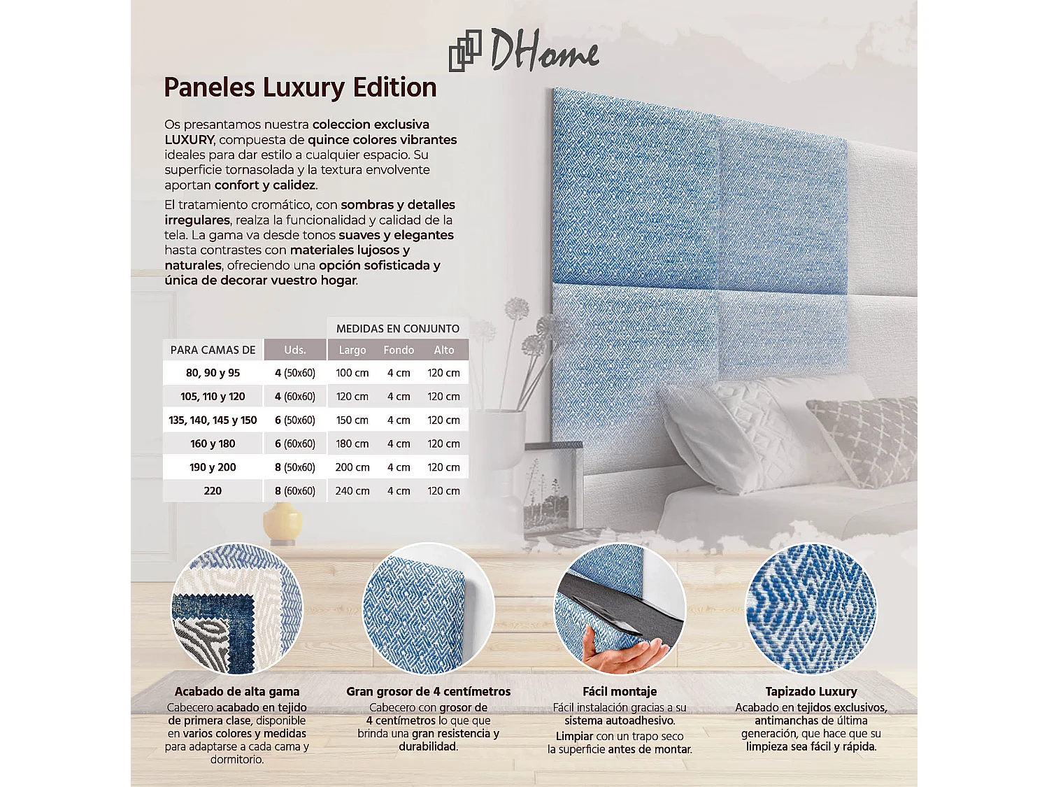 DHOME Tête de Lit Rembourrée Composée de Panneaux Autoadhésifs Interchangeables Série Luxury Edition Lit de Luxe Chambre (Ethnic Blue, 95cm)