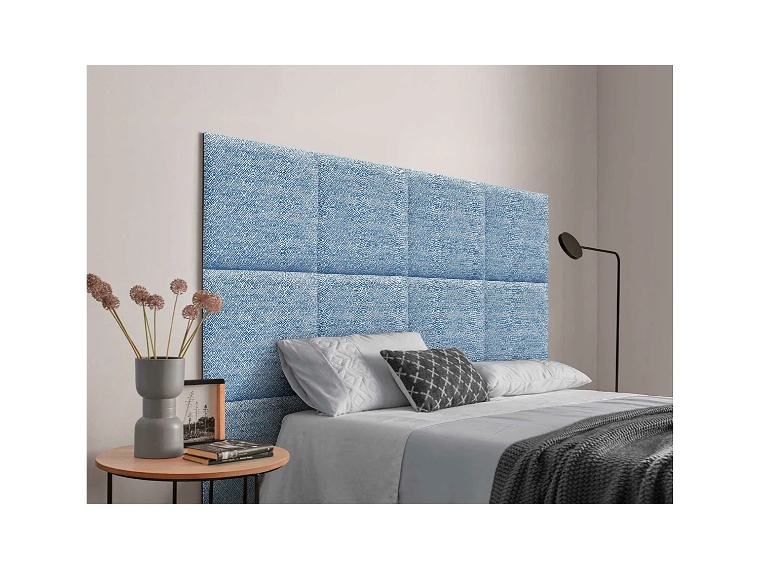 DHOME Tête de Lit Rembourrée Composée de Panneaux Autoadhésifs Interchangeables Série Luxury Edition Lit de Luxe Chambre (Ethnic Blue, 95cm)