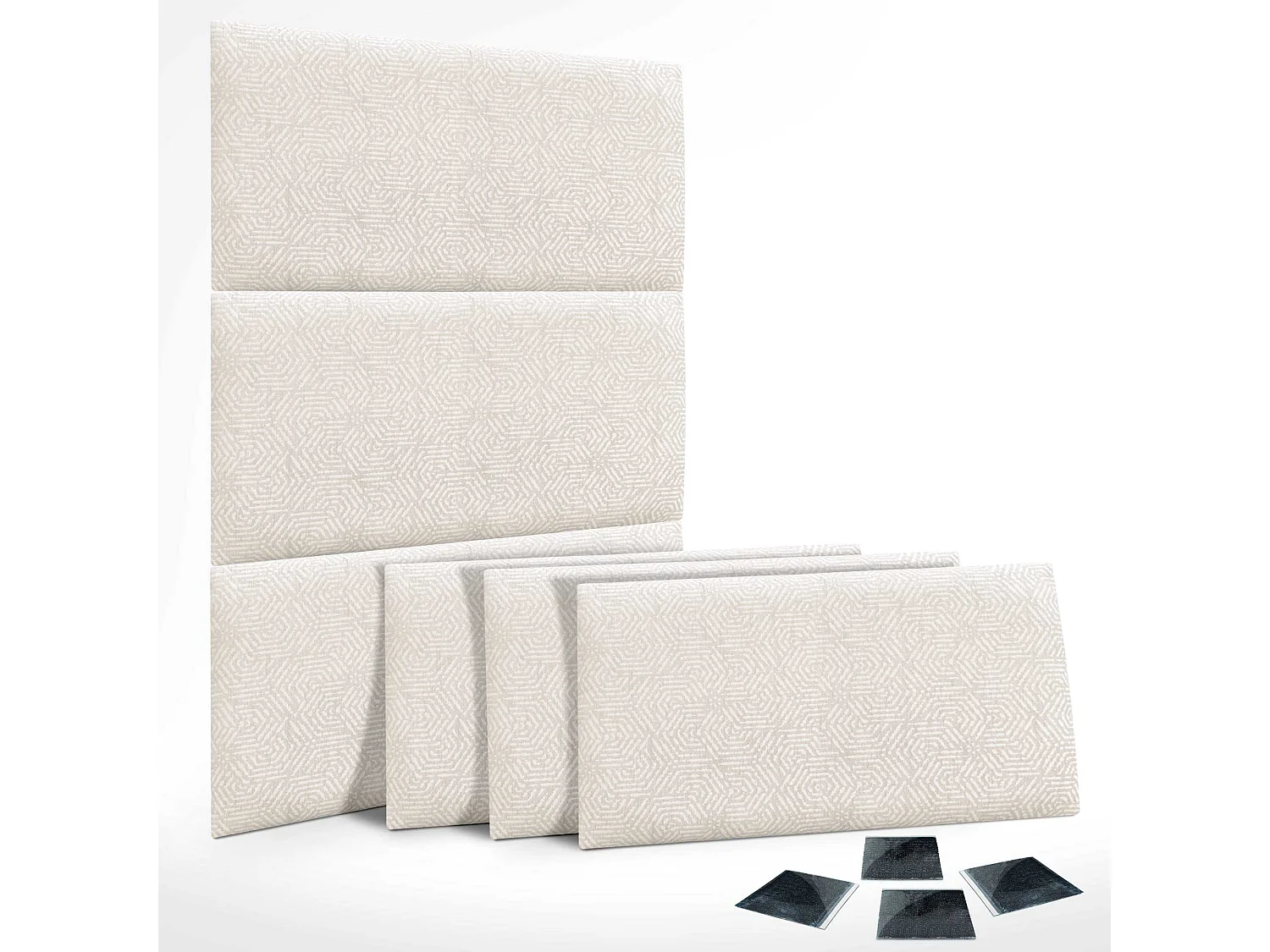 DHOME Ensemble de 6 Panneaux Tapissés en Tissu de Luxe Pack Autoadhésif pour Mur Acoustique Absorbant et Protecteur (Ethnic White, 50x50cm, x6)