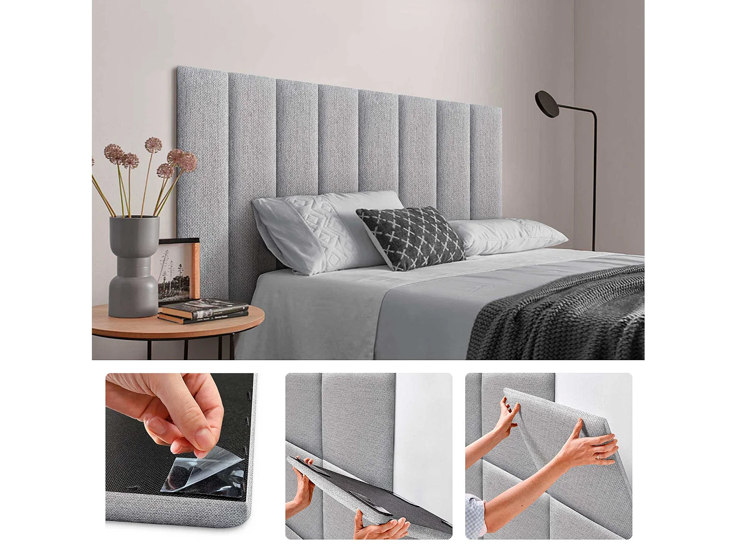 DHOME Set di 6 Pannelli Imbottiti in Tessuto di Lusso Pacchetto Autoadesivo per Pareti Assorbente Acustico e Protettivo (Silver Grey, 60x20cm, x6)