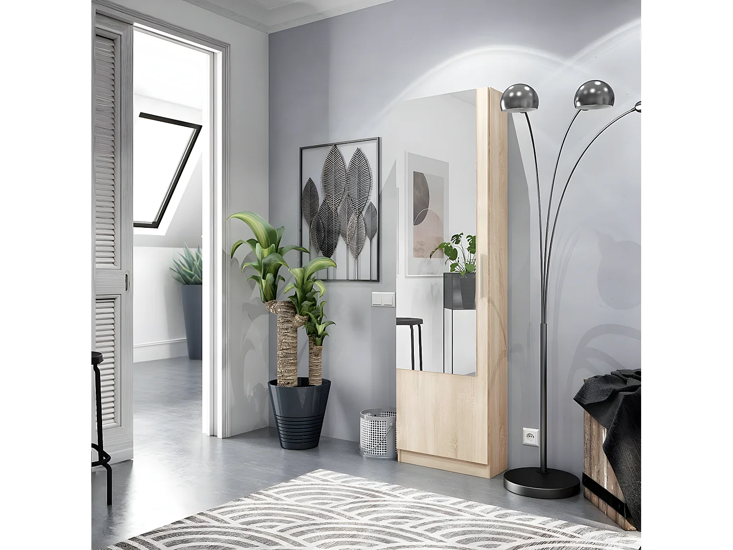 Étagère à chaussures avec miroir d'entrée coloris chêne canadien - Hauteur 180 x Longueur 50 x Profondeur 22 cm