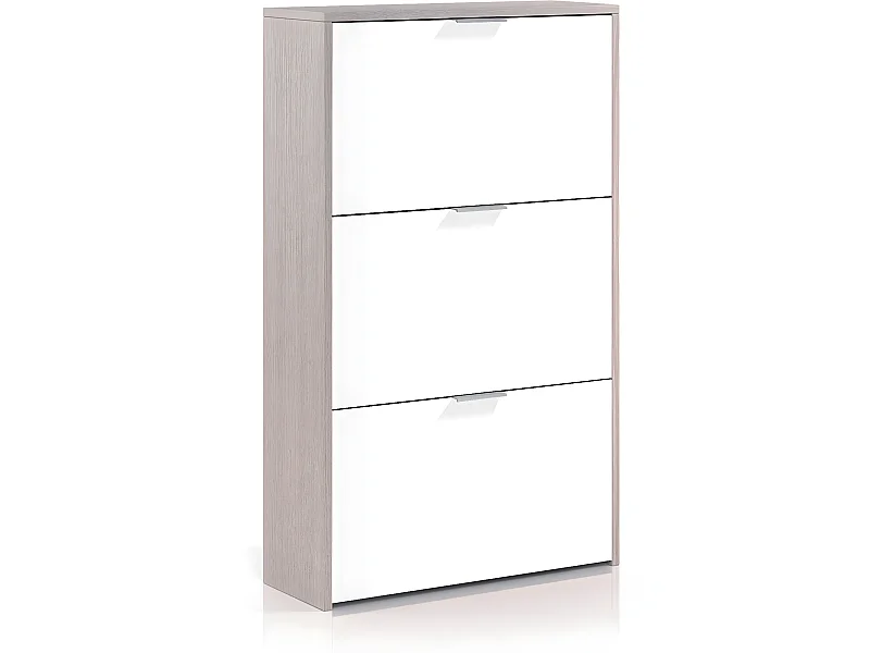 Meuble à chaussures 3 abattants coloris chêne / blanc Brillant en mélamine - Dim: 113 x 60 x 22 cm