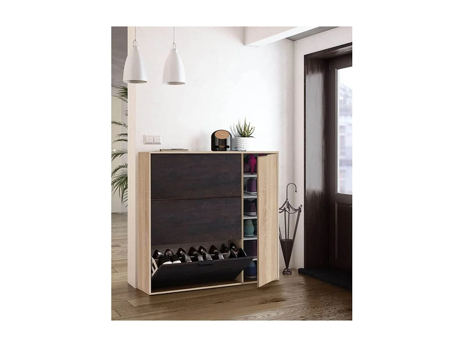 Meuble à Chaussures avec 3 abattants et 1 porte coloris chêne canadien / effet industriel - H115 x Longueur 106 x P22 cm