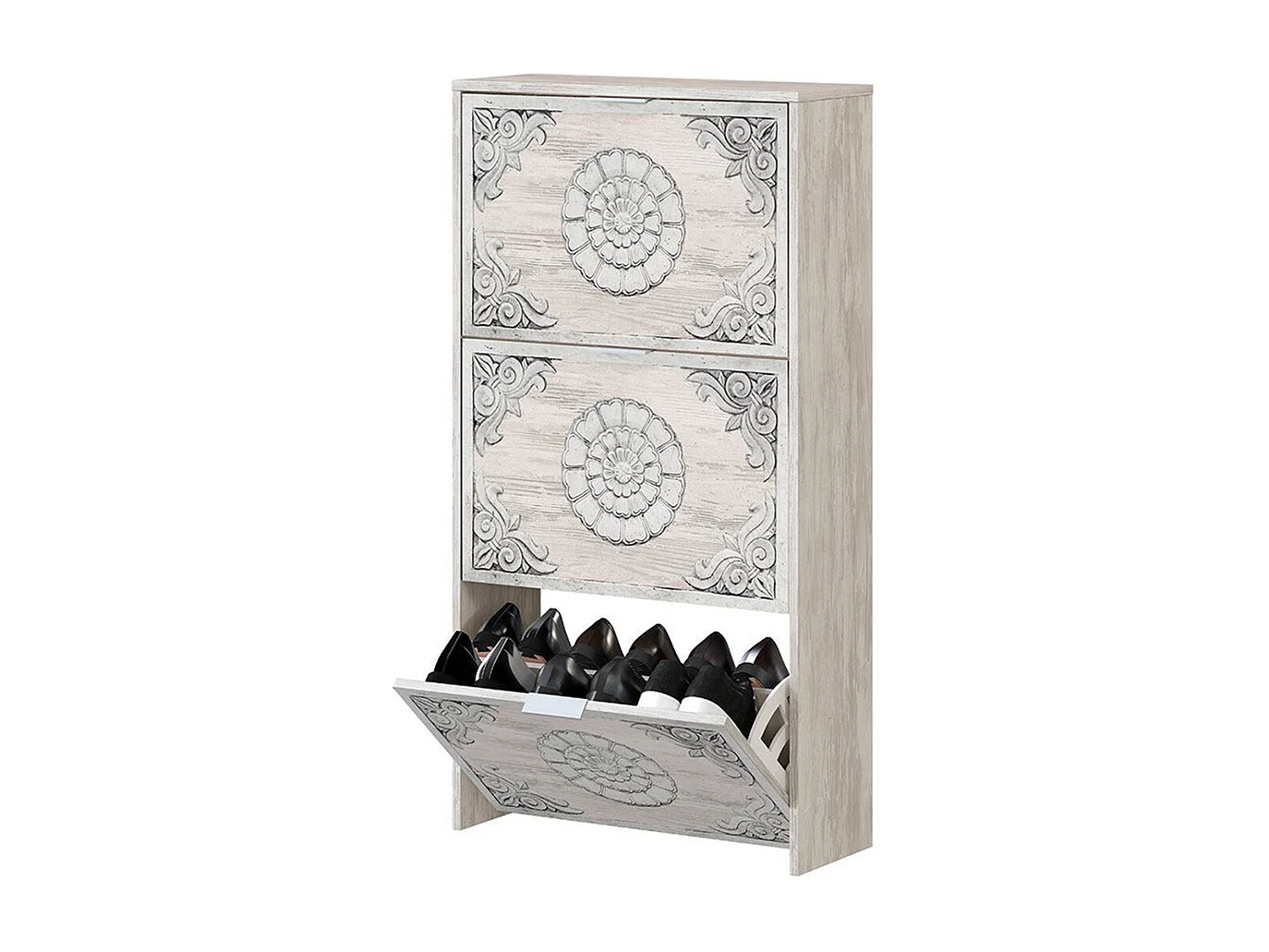 Meuble à Chaussures avec 3 abattants coloris chêne gris blanchie / impression digitale mandala - H113 x Longueur 60 x P22 cm