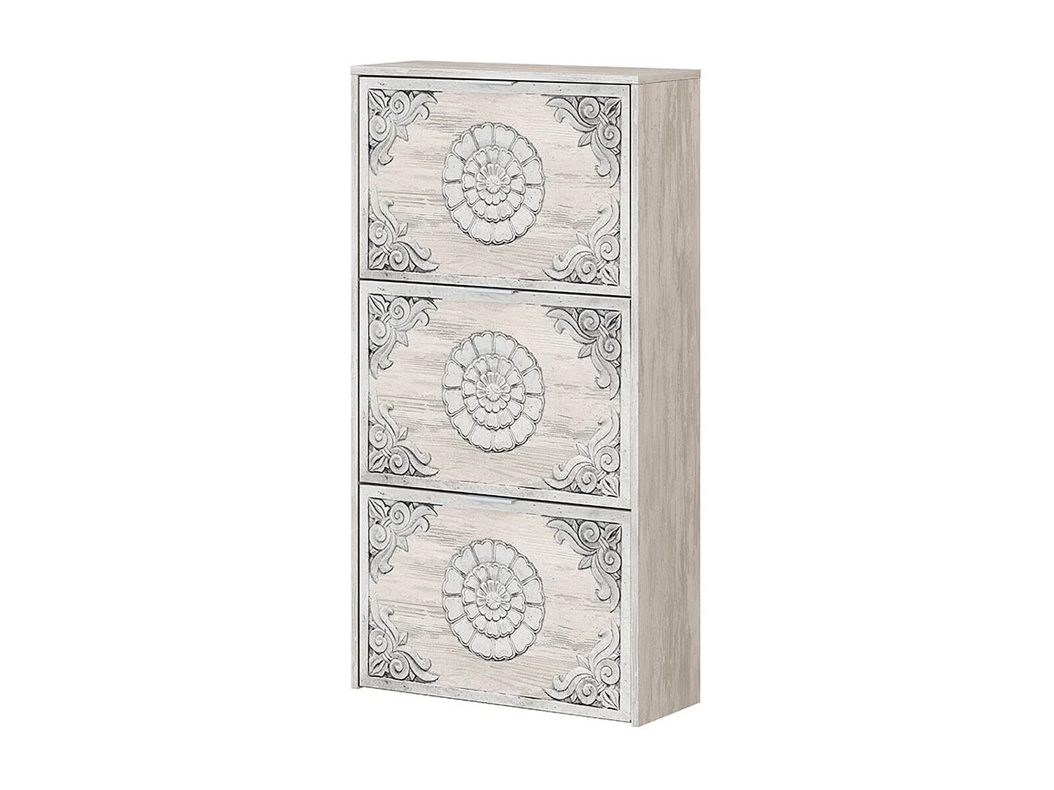 Meuble à Chaussures avec 3 abattants coloris chêne gris blanchie / impression digitale mandala - H113 x Longueur 60 x P22 cm