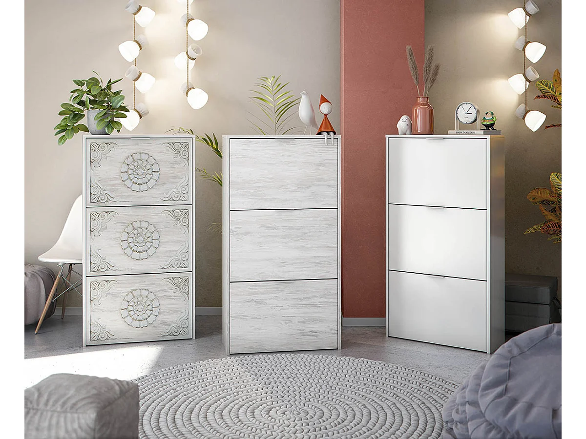 Meuble à Chaussures avec 3 abattants coloris chêne gris blanchie / impression digitale mandala - H113 x Longueur 60 x P22 cm