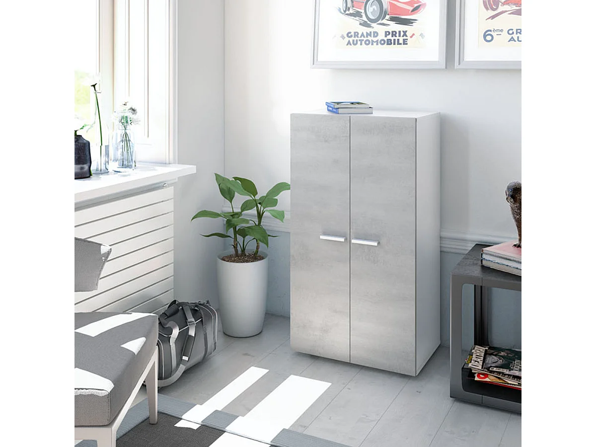 Meuble à chaussures 2 portes coloris Blanc / Ciment en mélamine - Dim: 103 x 55 x 36 cm