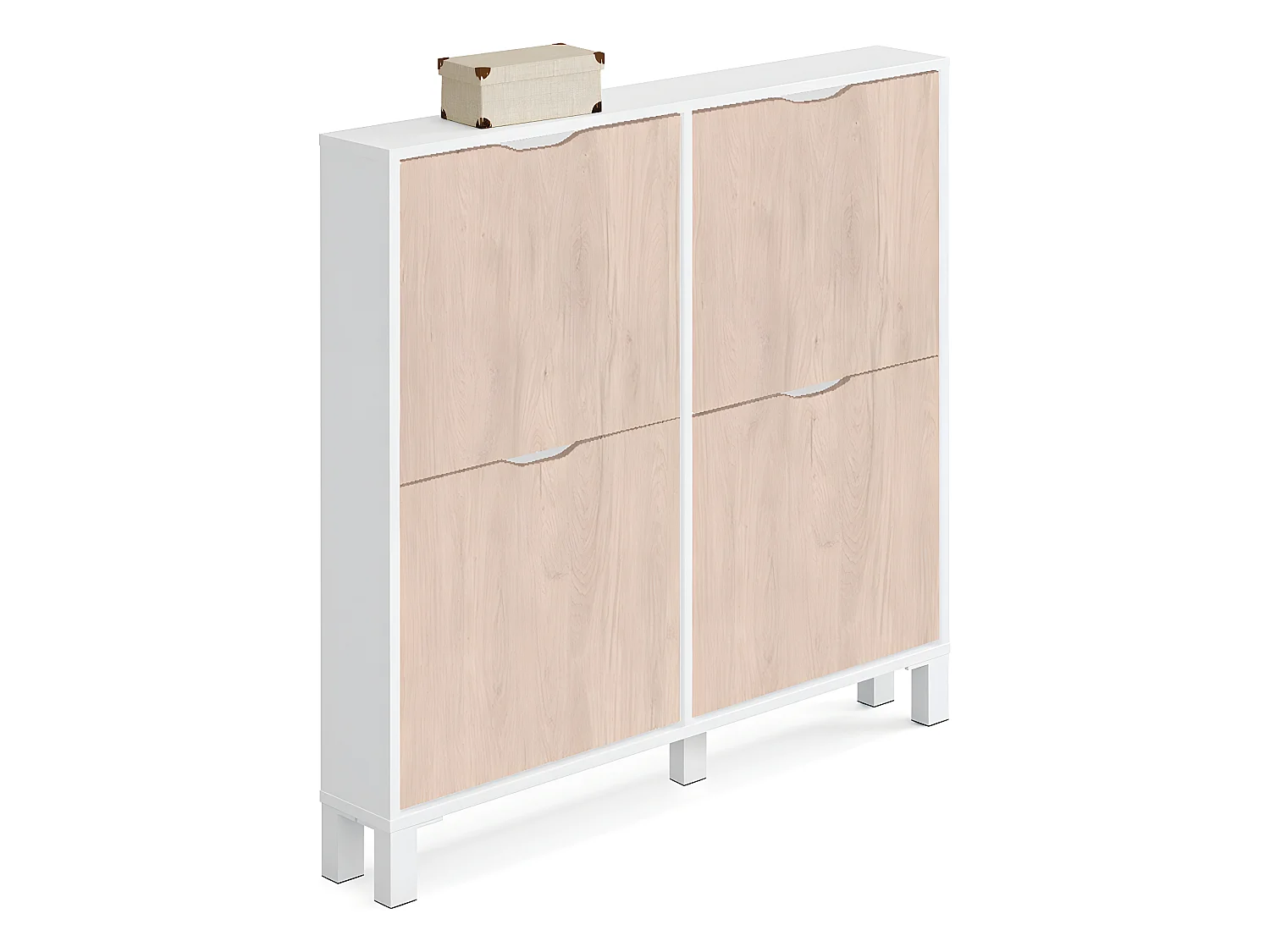 Commode Meuble à chaussures 4 portes Blanc brillant / effet bois - Hauteur 98 x Longueur 97 x Profondeur 17 cm