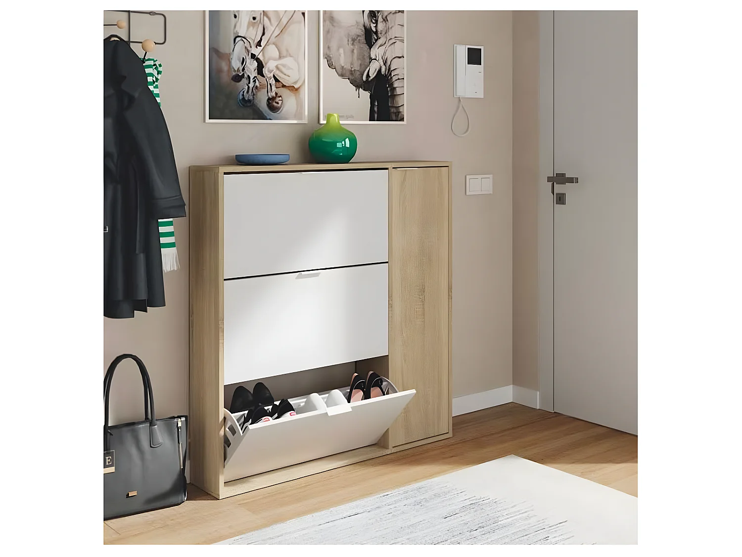 Meuble à Chaussures avec 3 abattants et 1 porte chêne canadien / blanc artic -Hauteur 115 x Longueur 106 x Profondeur 22 cm