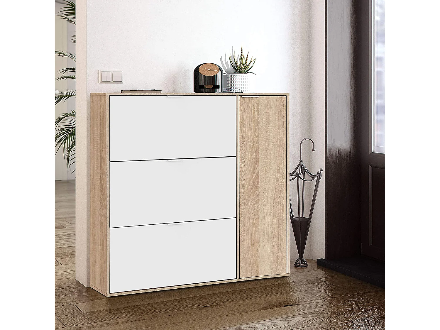 Meuble à Chaussures avec 3 abattants et 1 porte chêne canadien / blanc artic -Hauteur 115 x Longueur 106 x Profondeur 22 cm