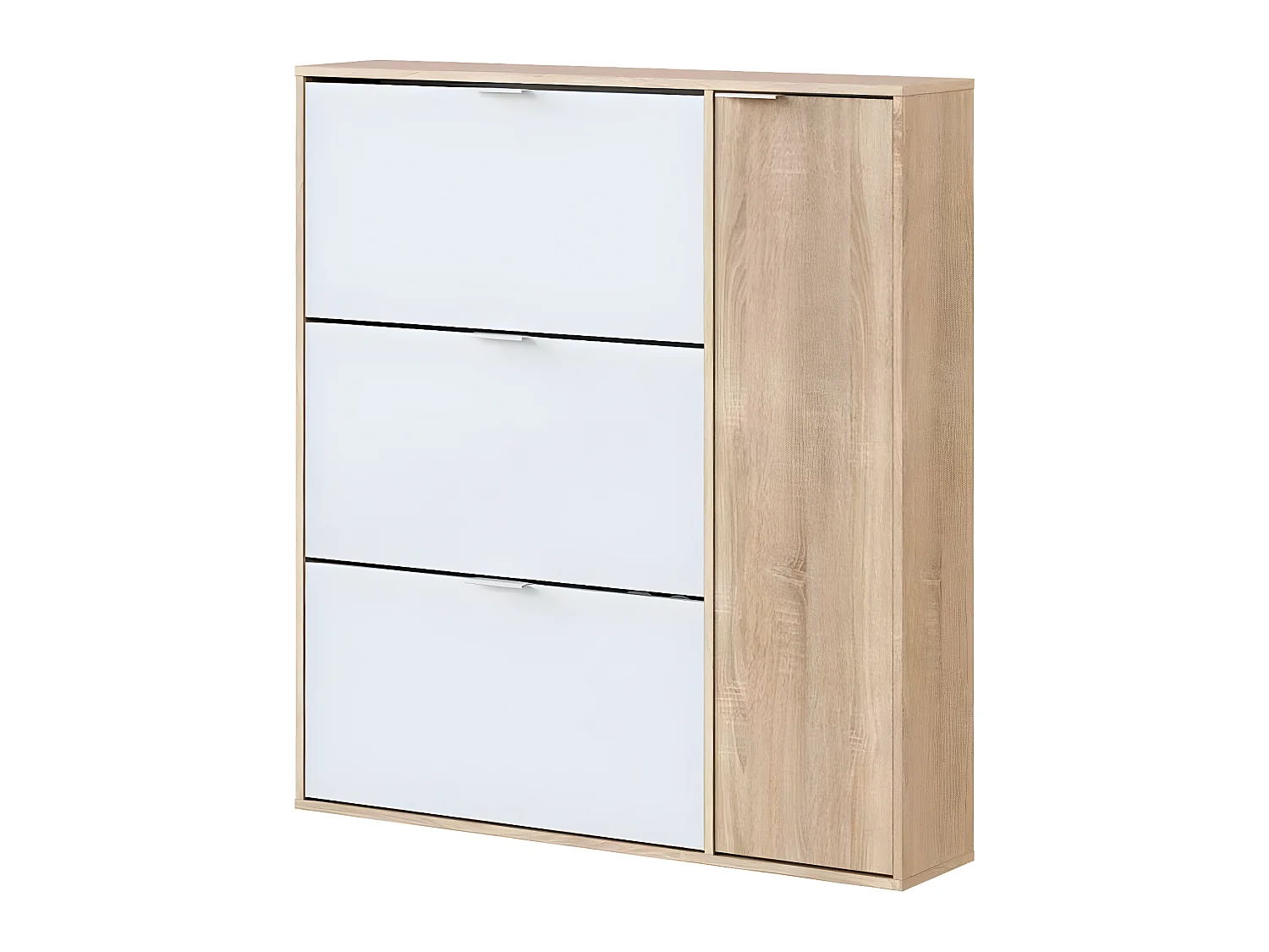 Meuble à Chaussures avec 3 abattants et 1 porte chêne canadien / blanc artic -Hauteur 115 x Longueur 106 x Profondeur 22 cm